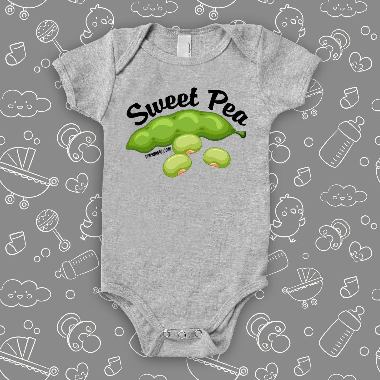 The ''Sweet Pea'' cute baby onesies in grey. 