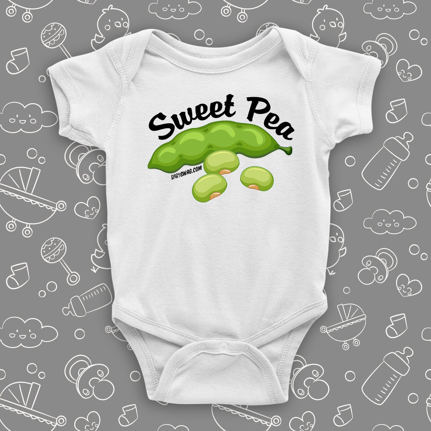 The ''Sweet Pea'' cute baby onesies in white.