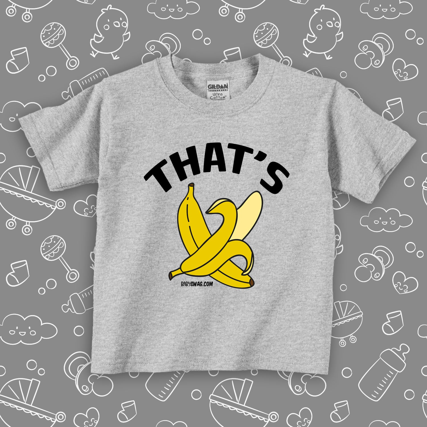 Grey toddler graphic tee with saying "That's Bananas" and an image of two bananas.