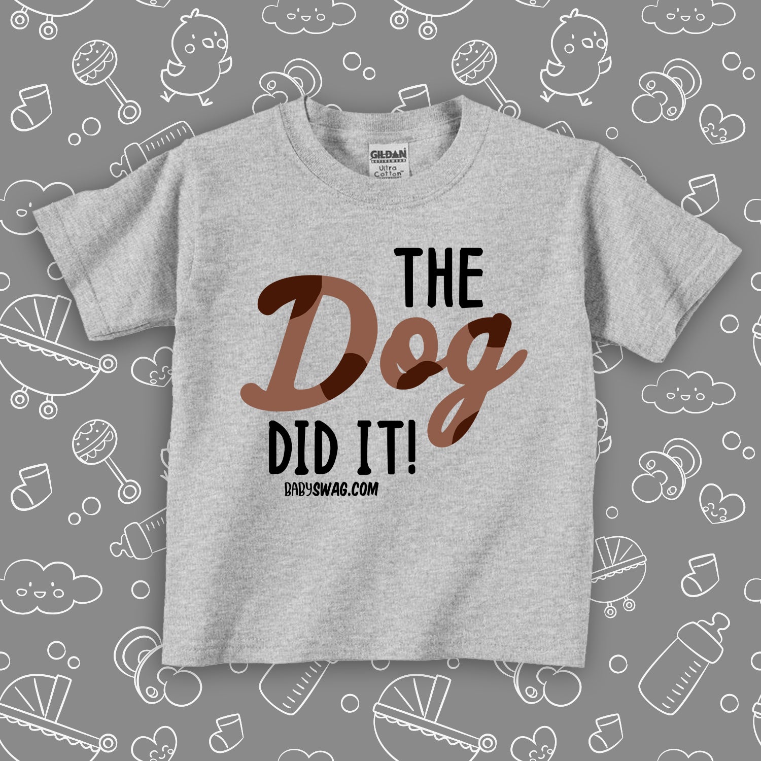 Funny toddler shirt with saying "The Dog Did It!" in grey. 