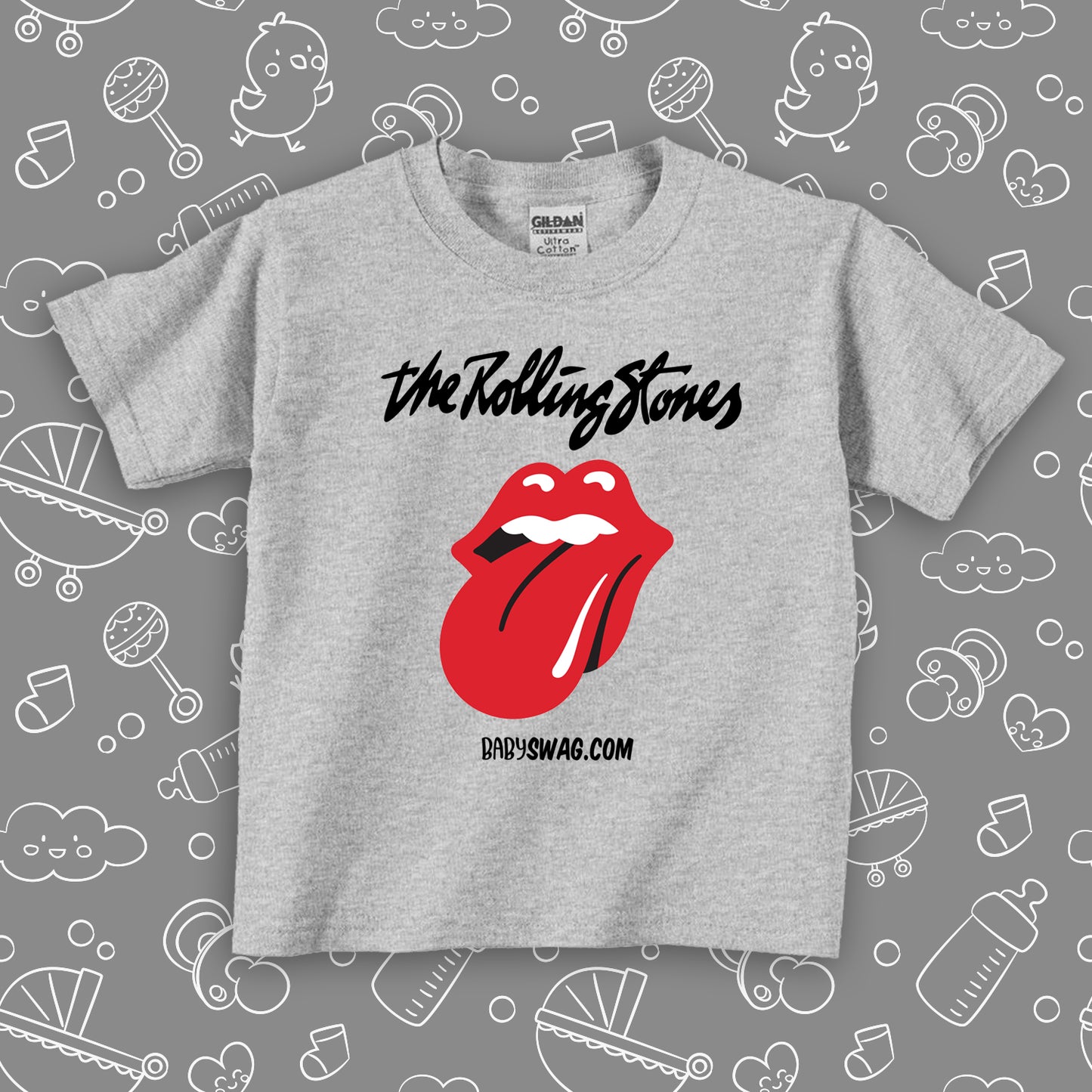 Cool toddler shirt with a caption "The Rolling Stones" in grey.