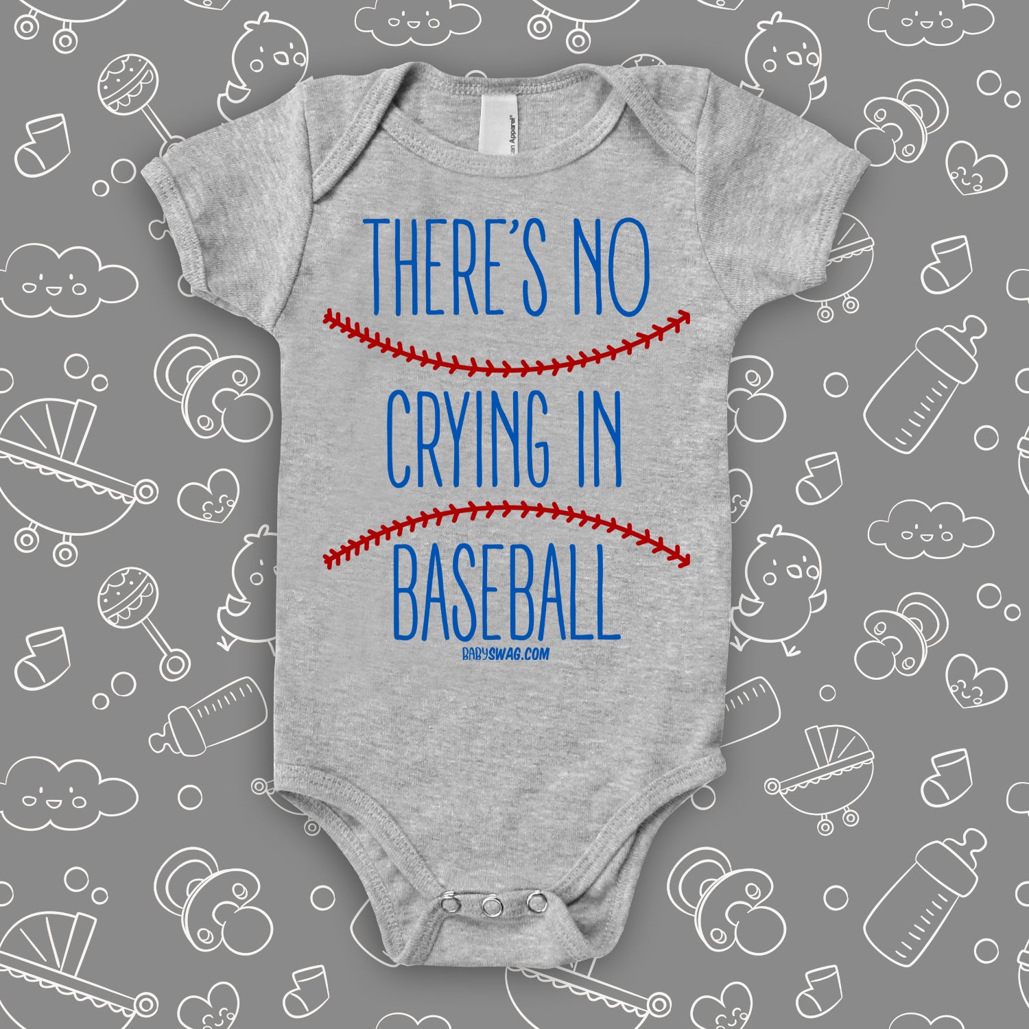 Cute baby boy onesies with saying "There's No Crying In Baseball" in grey. 