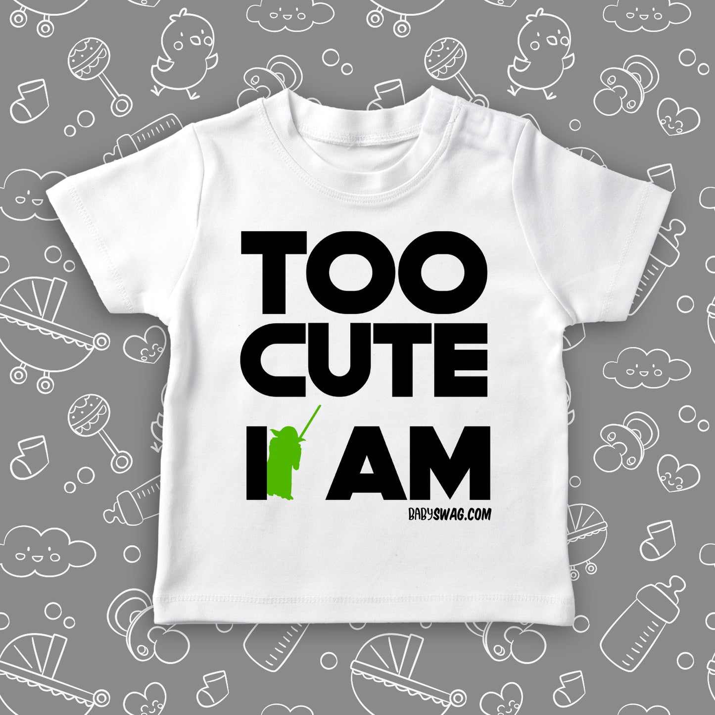 Cute toddler shirts with saying "Too Cute I Am"  in white.