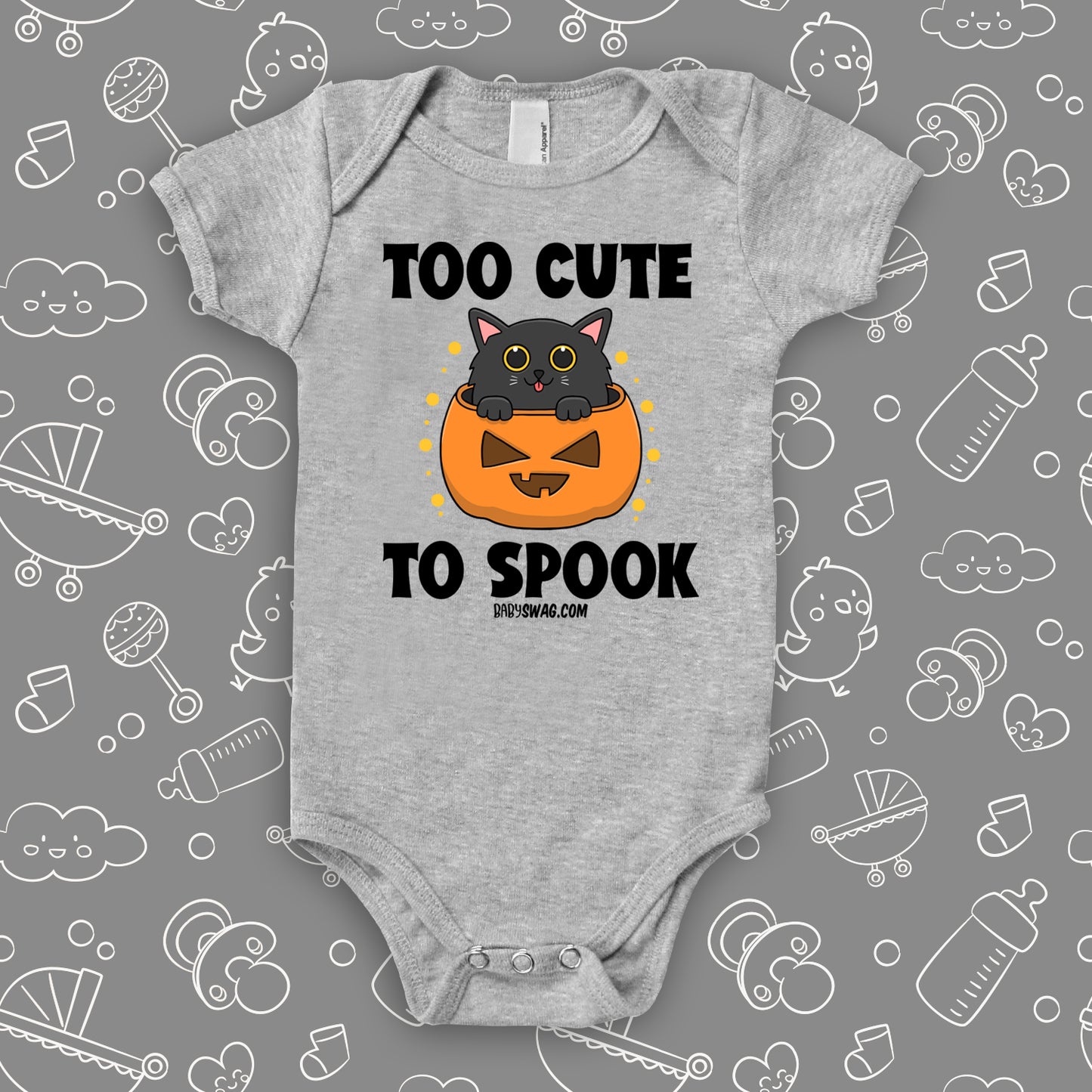 Grey cute baby onesie saying "Too Cute To Spook" with an image of a kitten coming out of the Halloween pumpkin  