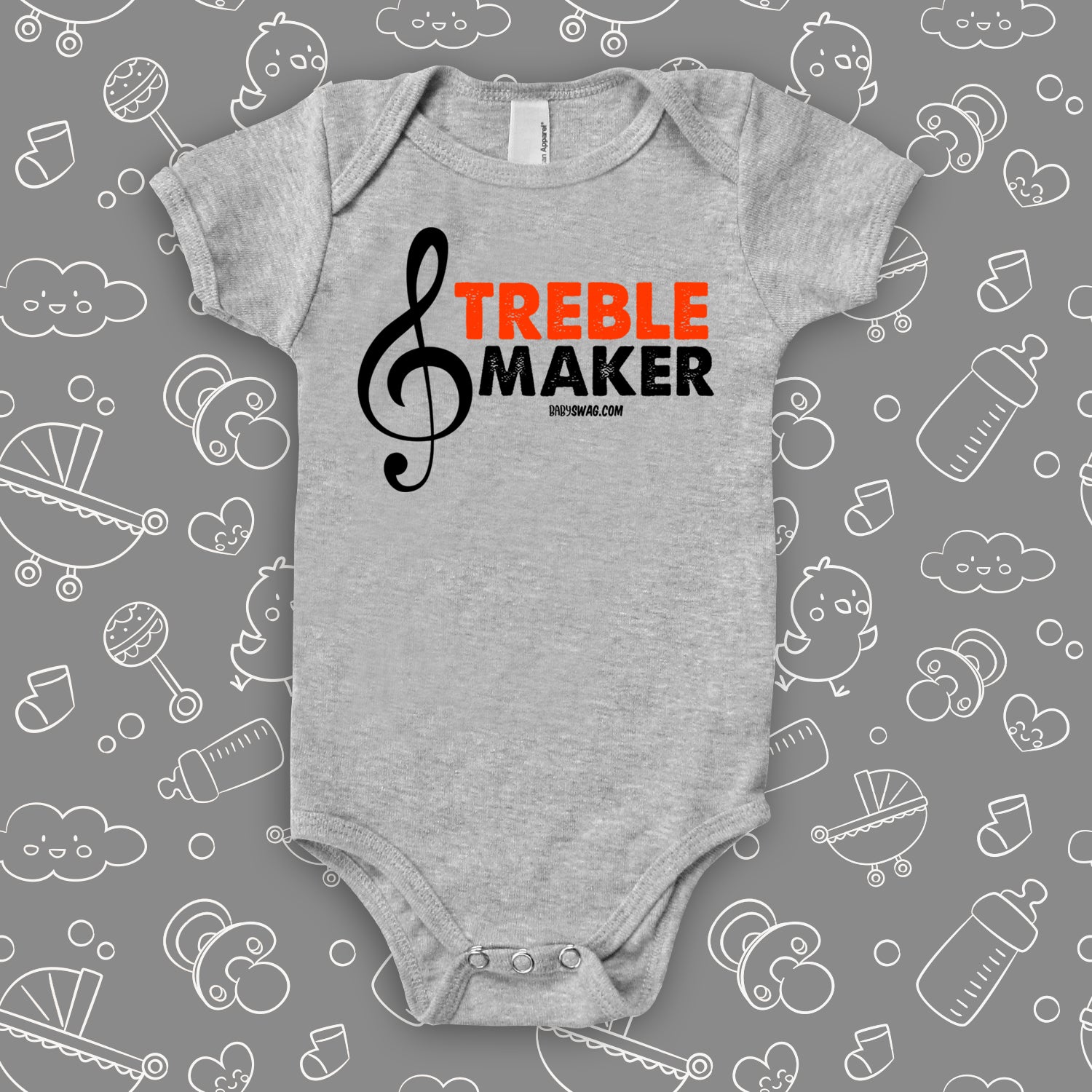 The "Treble Maker" cute baby onesies in grey. 