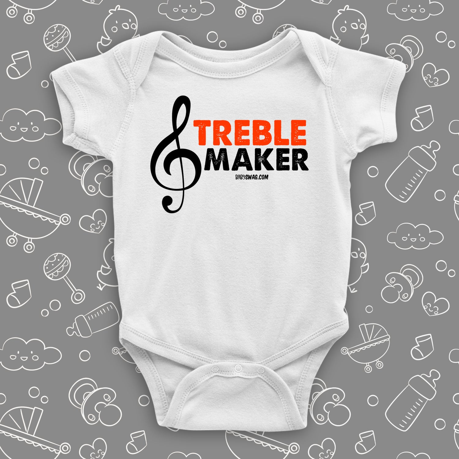 The "Treble Maker" cute baby onesies in white.