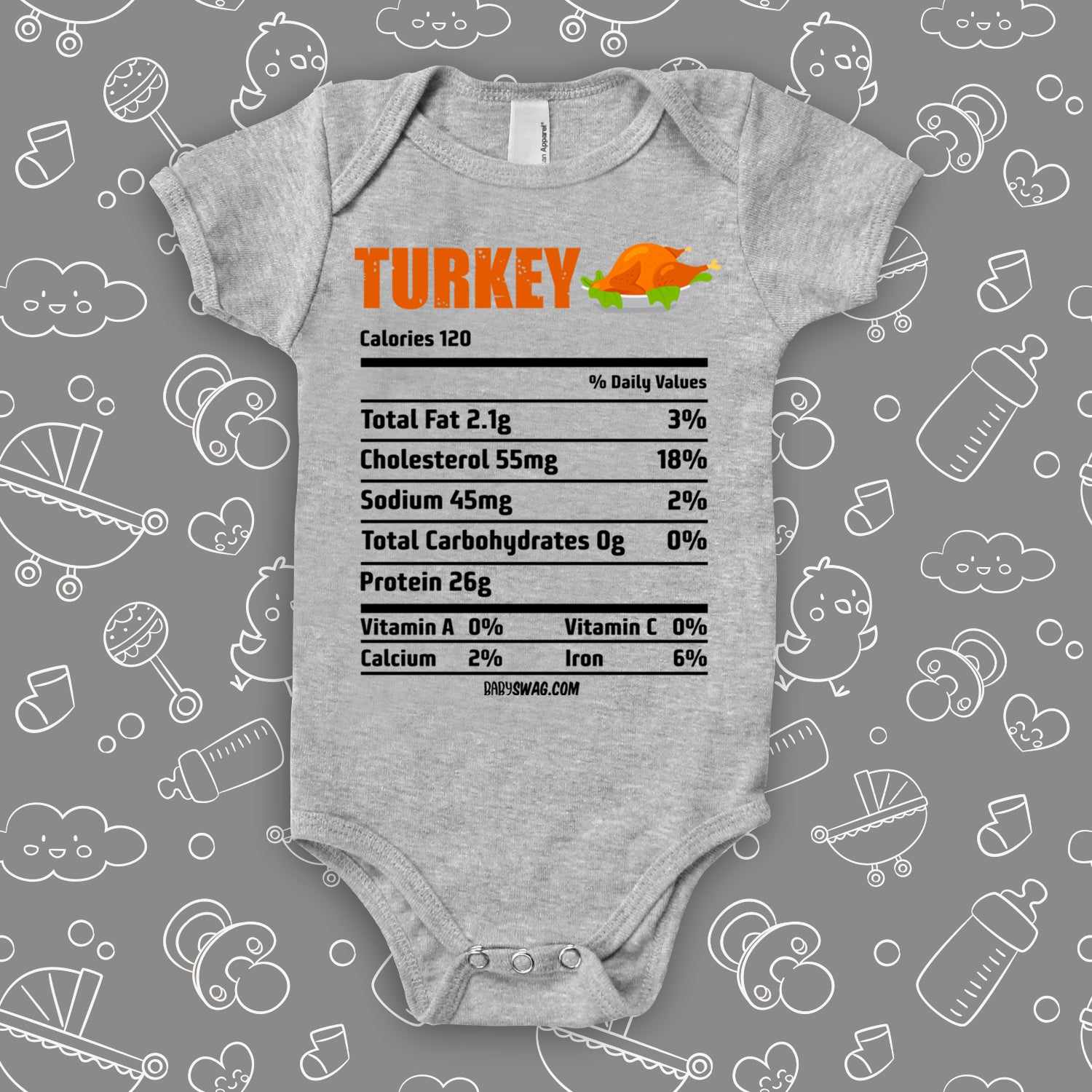 The "Turkey Nutrition Facts" cute baby onesies in grey. 