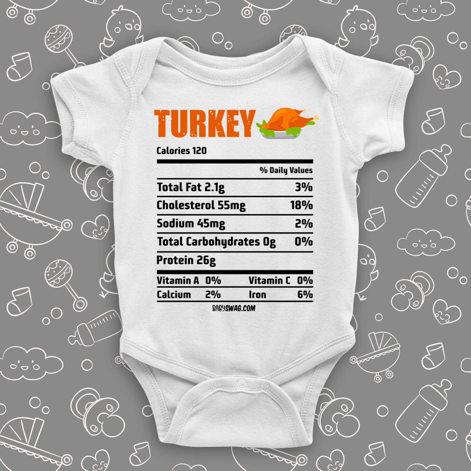 The "Turkey Nutrition Facts" cute baby onesies in white. 