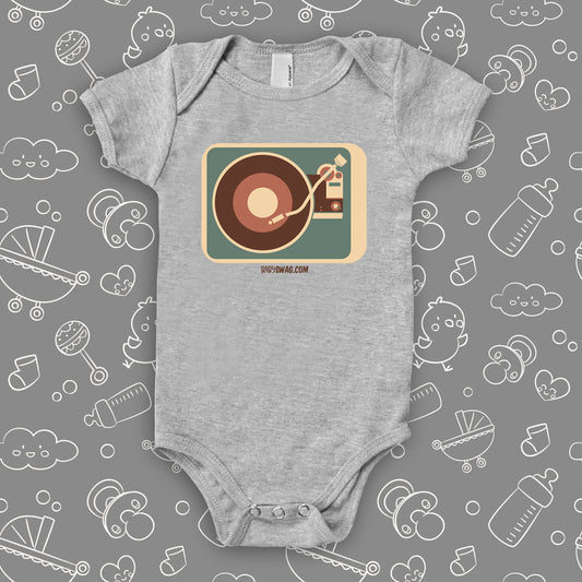 The "Vinyl Turntable" cute baby onesies in grey.