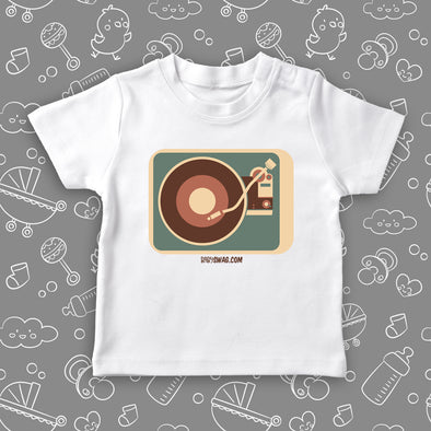 The "Vinyl Turntable" toddler graphic tees in white.