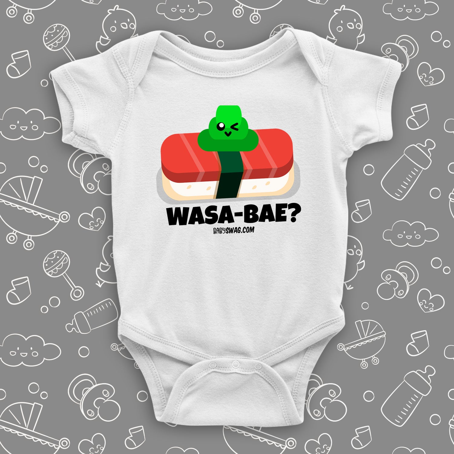 The ''Wasa-bae'' cool baby onesies in white.