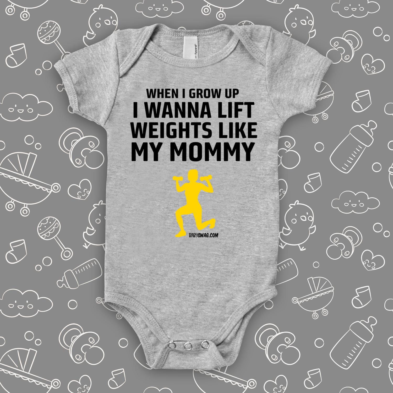 The ''When I Grow Up I Wanna Lift Weights Like My Mommy'' cool baby onesie in gray