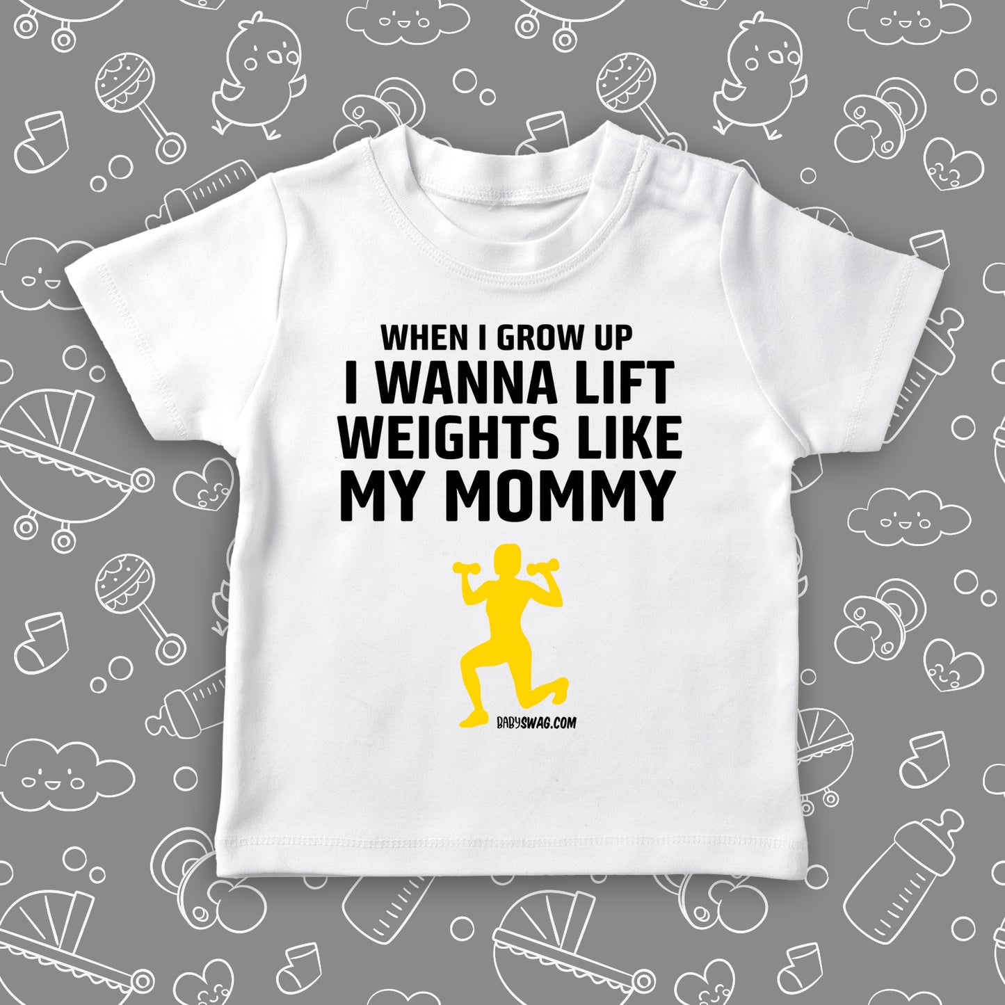 Funny toddler shirt with saying "When I Grow Up I Wanna Lift Weights LIke My Mommy" in white. 