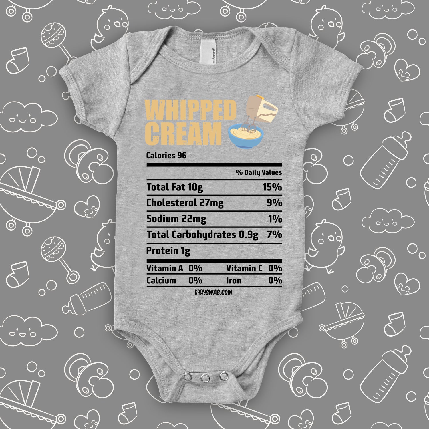 The "Whipped Cream Nutritional Facts" graphic baby onesies in grey. 