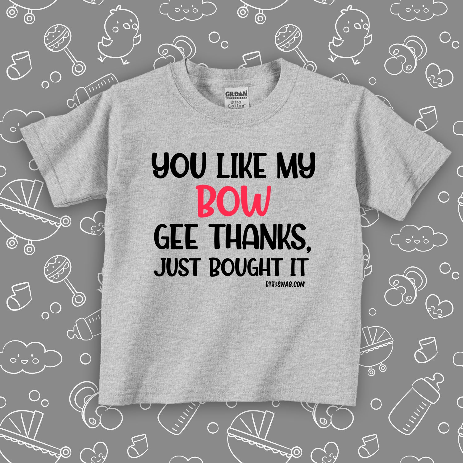 "You Like My Bow" toddler girl shirt in grey. 