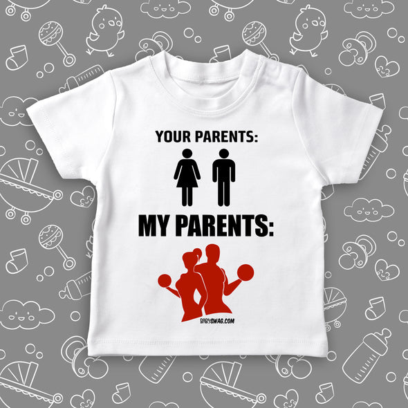 Toddler graphic tee with saying "Your Parents, My Parents" in white.